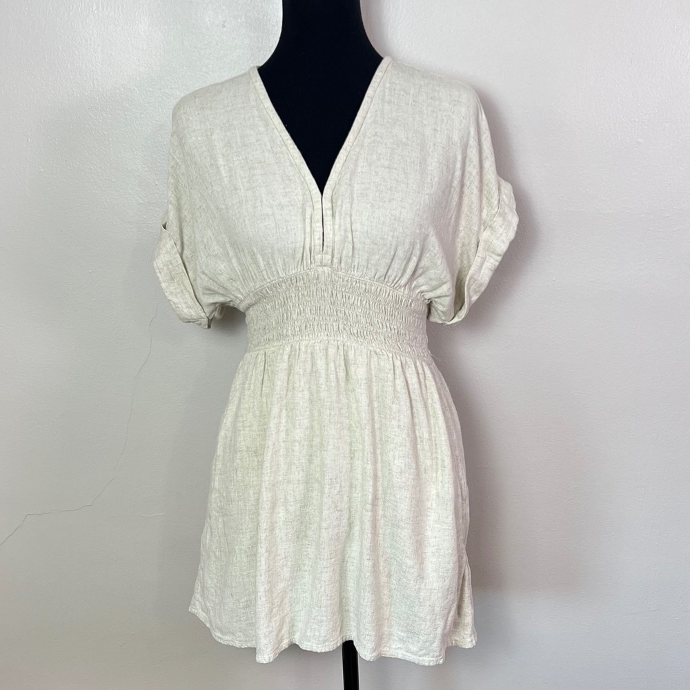 Abercrombie & Fitch Mini Dress MP Oatmeal Beige Linen Blend Smocked Waist Boho